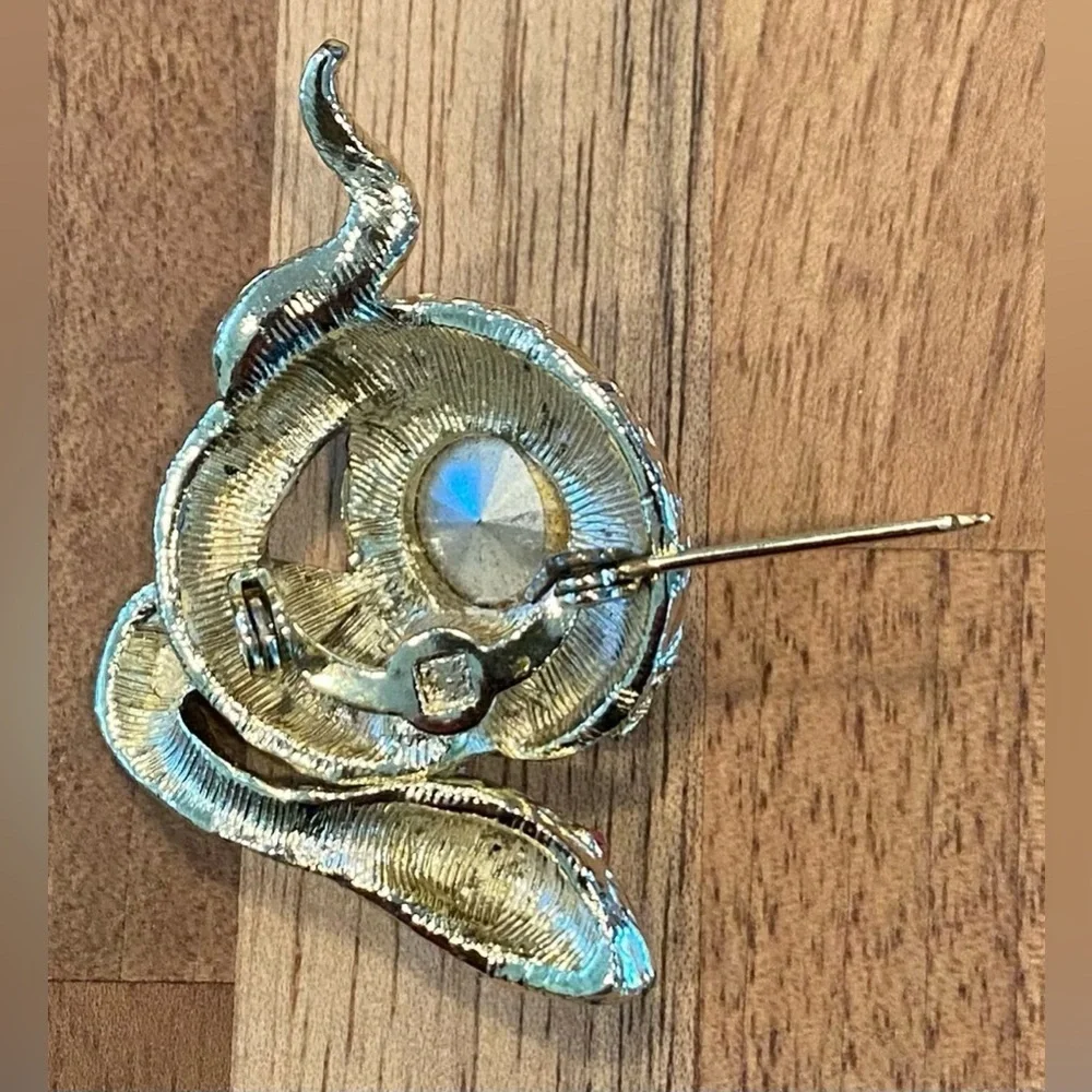 Snake Brooch Pin Gold Tone Coiled Vintage Aurora Borealis Rhinestone Center